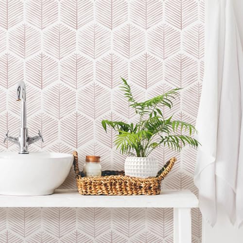 Image of MelunMer Modern Peel and Stick Wallpaper Boho Contact Paper 17.3''x197'' | Pink and White Self Adhesive Removable Wallpaper for Bedroom /Bathroom Waterproof Geometric Contact Paper for Cabinets, Drawer