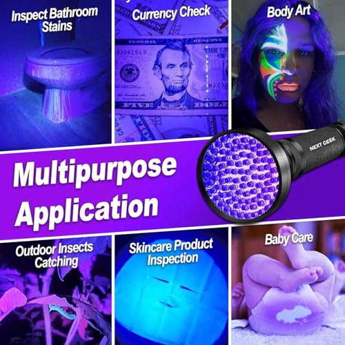 Image of NEXT GEEK 100 LED UV Flashlight Ultraviolet Torch 395-400nm ip55 Water Resistant with 6xAA Battery Used for Pet Urine Detection, Dry Stains, Bed Bugs, Scorpions, Document Verification and Much More