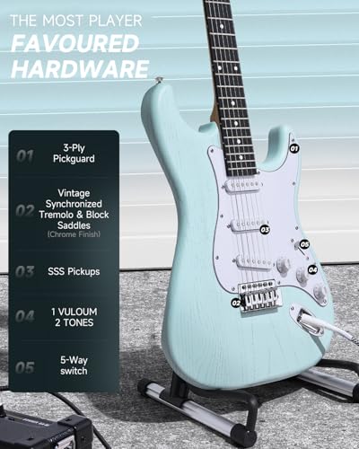 Image of DONNER DST-80 Electric Guitar 39 inch Beginner Electric Guitar Kit with Amp, Classic SSS Pickup Complete with Gig Bag, Tuner, Capo, Strap, Picks, and Free Online Lessons