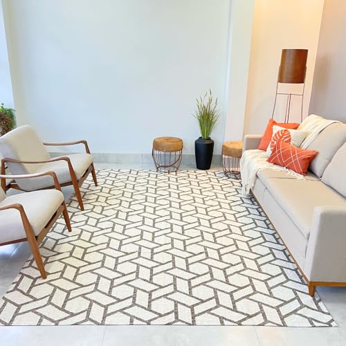 Tapete Dubai Jacquard 200 x250cm Interior Moderno Antiderrapante Retangular (Bege Geométrico)