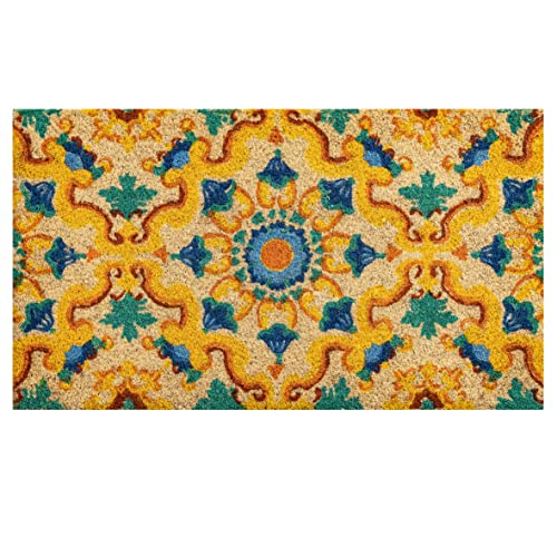 Baroni Home Paillasson extérieur coco, revêtement de l'envers en PVC, peint à la main, solide et nettoyage facile, 70X40X2 cm – tapis à motif de majolique ronde bleu et taupe