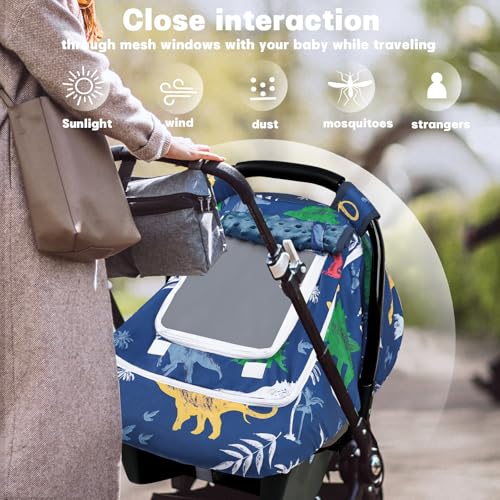 Image of Hooyax Baby Car Seat Cover with Dual Zipper, Extra Large Mesh Window Carseat Canopy, All-Season Weather Protection for Infant Car Seats & Strollers (Dinosaur)