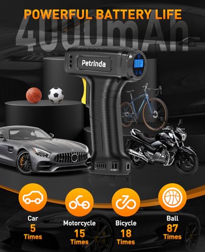 Petrinda Cordless Tyre Inflator Air Compressor, Portable Handheld Rechargeable Battery Tyre Pump with Digital Pressure Gauge, Electric Tyre Inflator with LED Light & 4 Nozzle for Car, Motorcycle Bike - Image 5