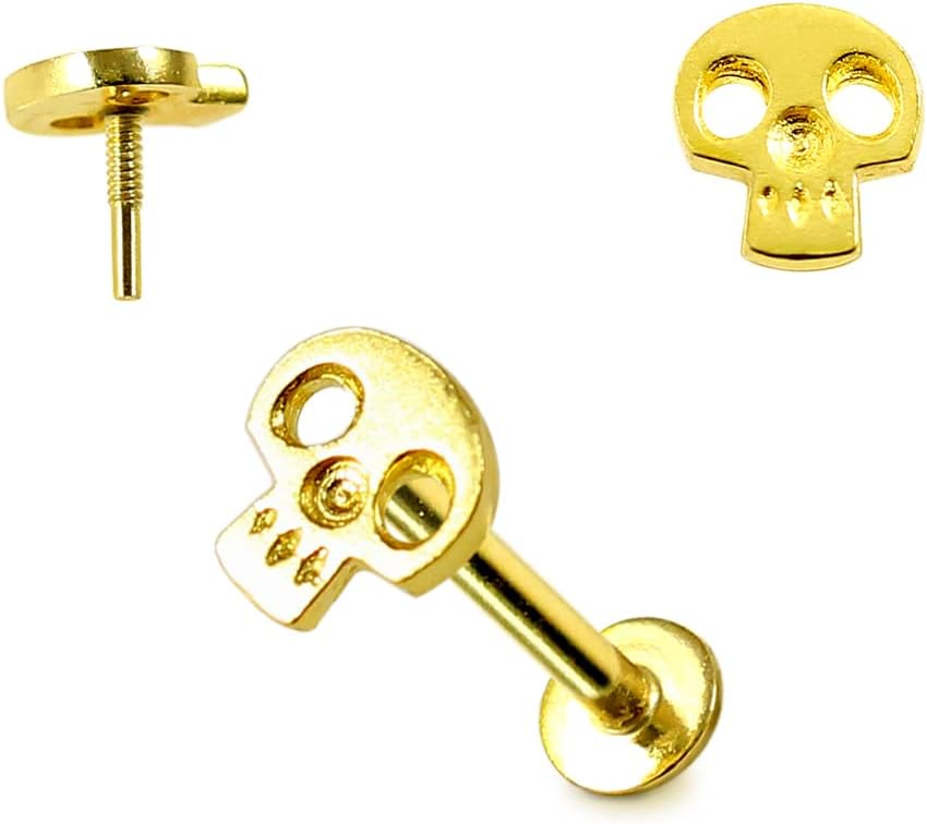 14K Solid Yellow Gold Plain Skull Internally Threaded Top Tragus Labret Bar Piercing - Helix Stud - Lip Piercing Body Jewelry