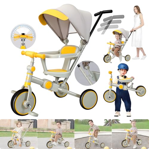 LHTJHP Baby Tricycle 6 in 1 Todder Trike Removable Adjustable Push Handle with Detachable Canopy Safety Harness for 1-6 Year Multifunctional Folding Tricycle Baby Todder Kids,Yellow