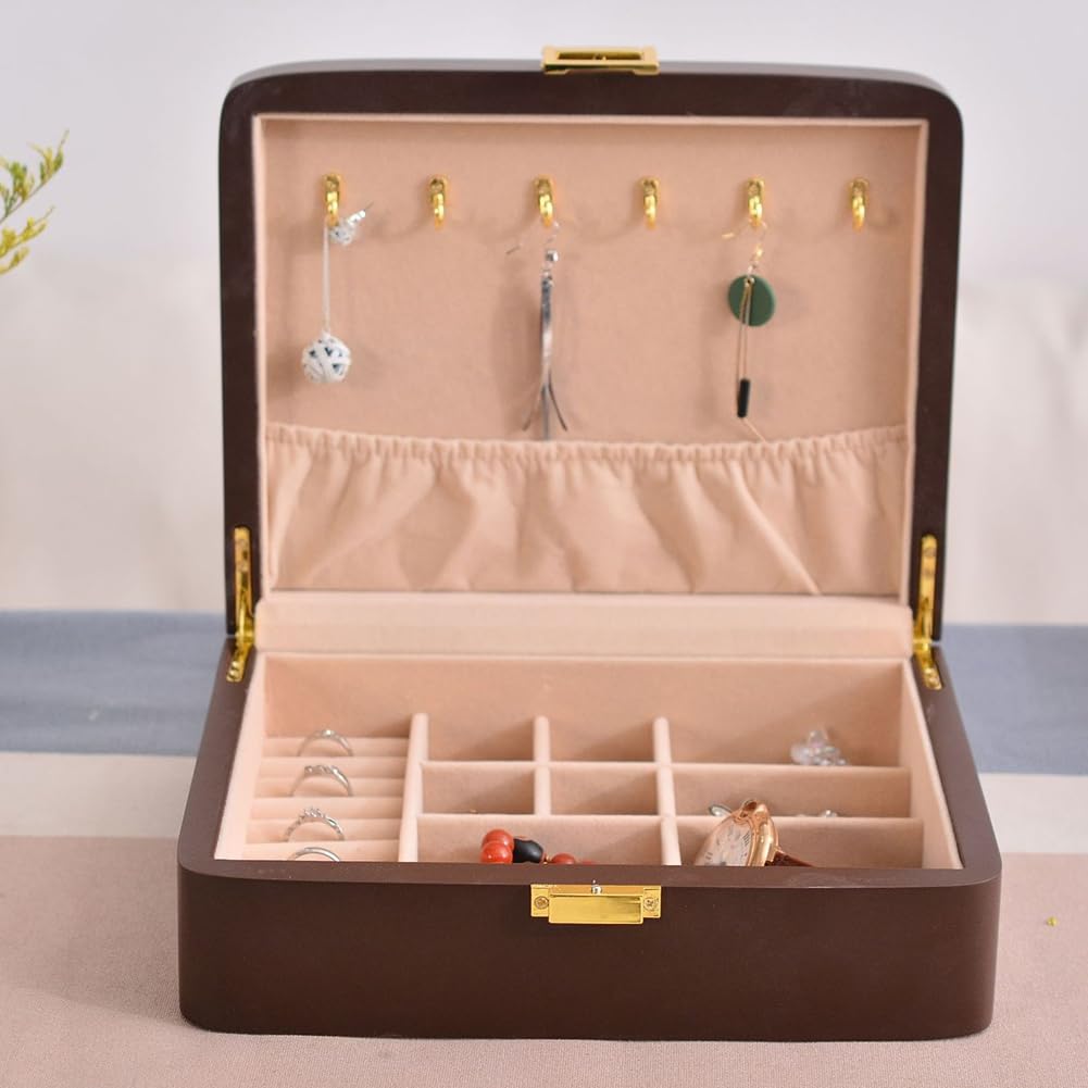 Schmuckaufbewahrungsbox Aus Massivholz mit Schnalle, Schmuckschatulle mit Klappdeckel und Mehreren Fächern, Schmuckaufbewahrungsbox mit Fächern
