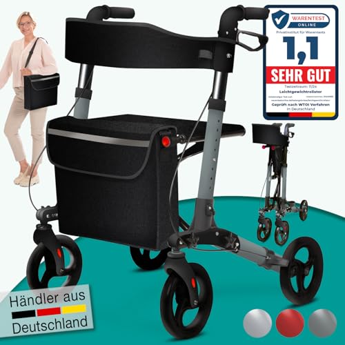 maxVitalis Andador para Ancianos con Asiento - Ligero, Compacto y Plegable, Aluminio, 8 Alturas Regulables, Caminador para Mayores con Bolsa y Soporte para Paraguas, Compatible con Coches (Antracita)