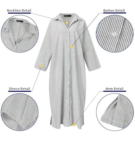 Image of ebossy Women's Casual Stripes Buttoned Long Sleeve Oversized Loose Fit Maxi Shirt Dress Plus Size