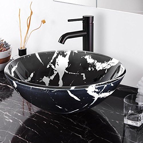Aquaterior Tempered Glass Round Vessel Sink Artistic Marbling Pattern Above Counter Bathroom Lavatory Vanity Bowl Basin (Faucet Not Included)