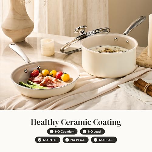 Image of Redchef Nonstick Mini Cookware Set, 8 inchCeramic Fry Pan 2.5Qt Sauce Pan with Lid, Fryingpan & Pots Set, Induction Compatible, Nontoxic, Oven Dishwasher Safe, PTFE & PFOA Free, Beige