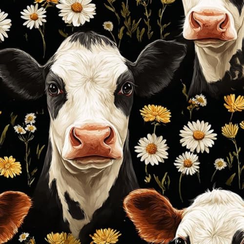 壁紙 45cm x 300cm 剥がせる 黒い背景にデイジーと黄色い花をあしらった黒白の子牛の顔 多機能 防水/汚れ防止/防油 食器棚 クロ 玄関 ふすま紙 家具 部屋 DIY 賃貸OK