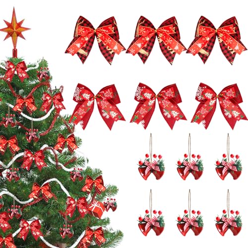 SilverChry Cascabeles Navidad, Campanas de Metal con Decoración, Adornos de Campanas de Navidad, Campanas y Cascabeles de Navidad, para Decoración Navideña, 6 Campanas de Árbol de Navidad + 6 Lazos
