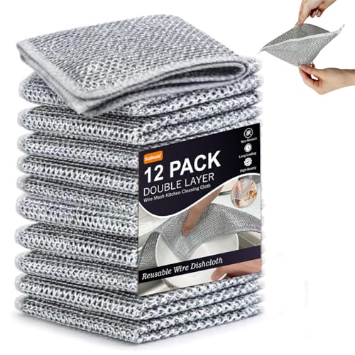 Image of Solitude 12 Pack Double Layer Non-Scratch Wire Dishcloth, Steel Scrubber for Utensils Cleaning, Multipurpose Wet and Dry Cleaning Cloth Stainless-Steel Dish Wash Rag for Washing Dishes, Kitchen, Sinks