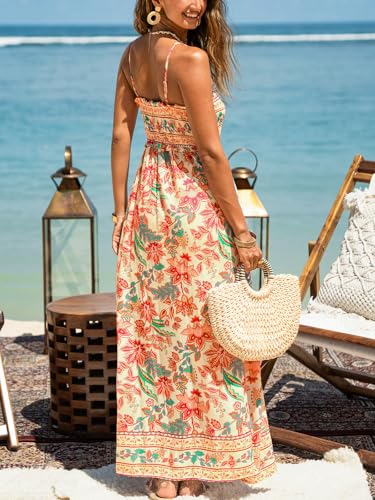 Image of CUPSHE Women Spaghetti Straps Boho Maxi Dress Summer Sleeveless Smocked Floral Beach Long Dress Flowy Cruise Vacation Outfits