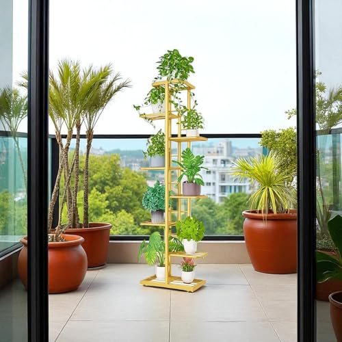Image of Metal Touch Multi-Tiered Metal Flower Pot Stand - Indoor 6 Layer Tier Iron Plant Pot Display Plant Pot Holder Tall Plant Flower Shelf for Living Room Balcony Living room & Court Garden (Gold with 9 Pot)