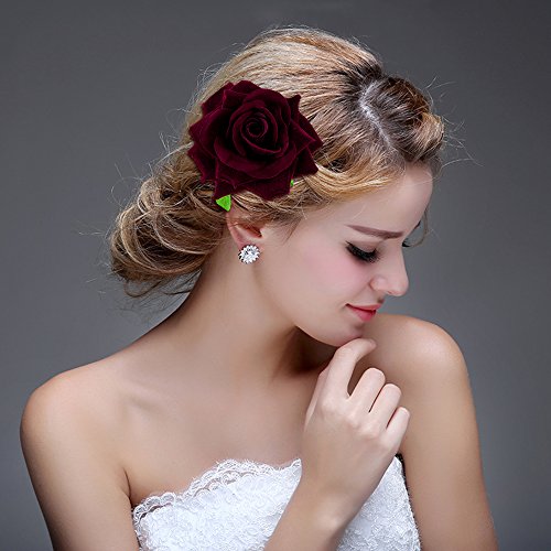 ClassicBeauty Elegant Dark Red Rose Velvet Hair Clip Set (1 Large 2 Small) New 2018 Flamenco Women and Girls Hair Accessories Wedding Bridesmaids Headpiece