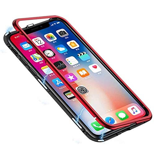 Image of The Little Shop Back Cover Case for Realme 5 Pro Magnetic Metal Frame Tempered Glass (only at The Back) with Built-in Magnets Bumper Hard Back Case (Red)