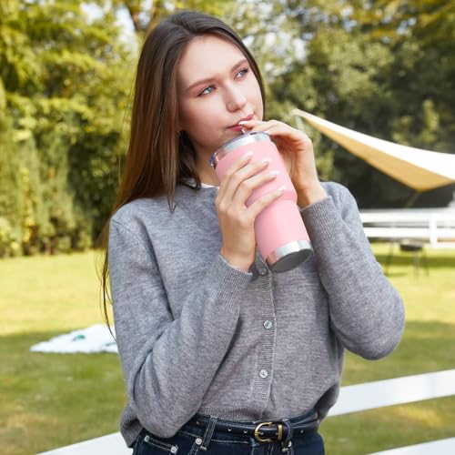 Image of MEWAY 30oz Insulated Tumbler With Lids and Straws,Stainless Steel Double Vacuum Coffee Tumbler Cup, Brush, Durable Powder Coated Coffee Cup for Cold & Hot Drinks, Office, Travel(Pink,4 PACK)