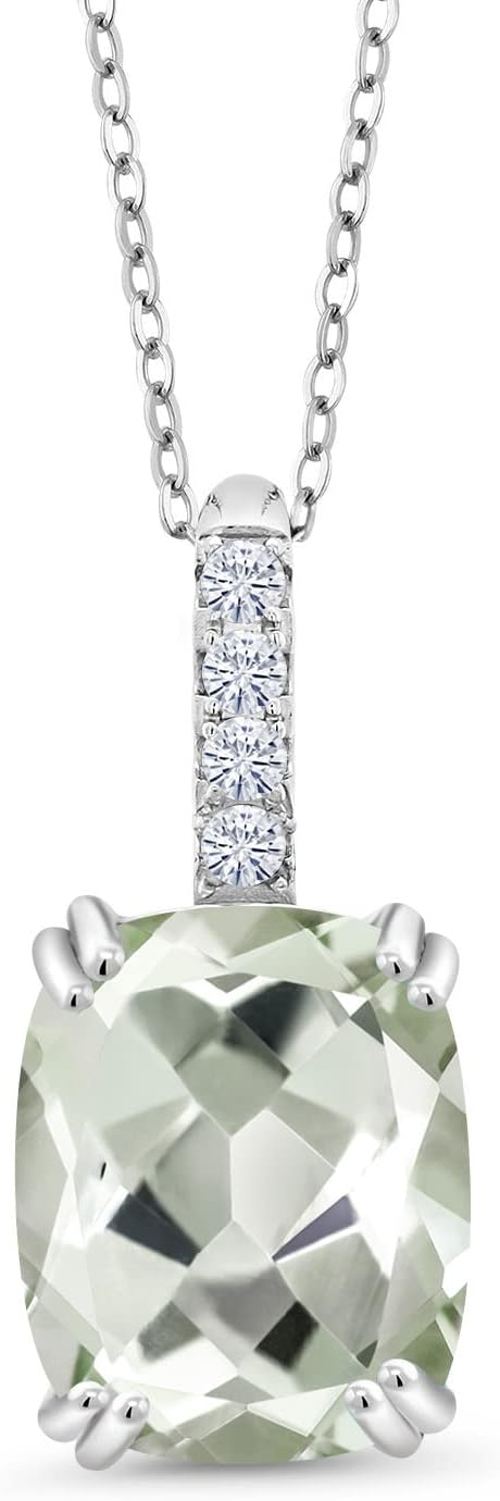 Gem Stone King Green Prasiolite and Gemstone Birthstone Pendant Necklace for Women | 925 Sterling Silver | Cushion Cut 10X8MM with 1.5MM Round Accent | 18-Inch Chain