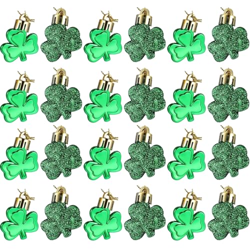 Leinuosen 24 Pieces St Patrick's Day Shamrocks Ornament for Tree Mini Clover Decorations Lucky Irish Green Trefoil Hanging Bauble for St Patricks Day Table Shelf Festival Decoration(Glossy& Glitter)