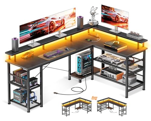 AODK ゲーミングデスク パソコンデスク コンセント付き l字デスク 机 pcデスク LEDライト付き 勉強机 棚付き オフィスデスク 幅150 ワークデスク ?子 在宅勤務 事務机 組立簡単 カーボンブラック