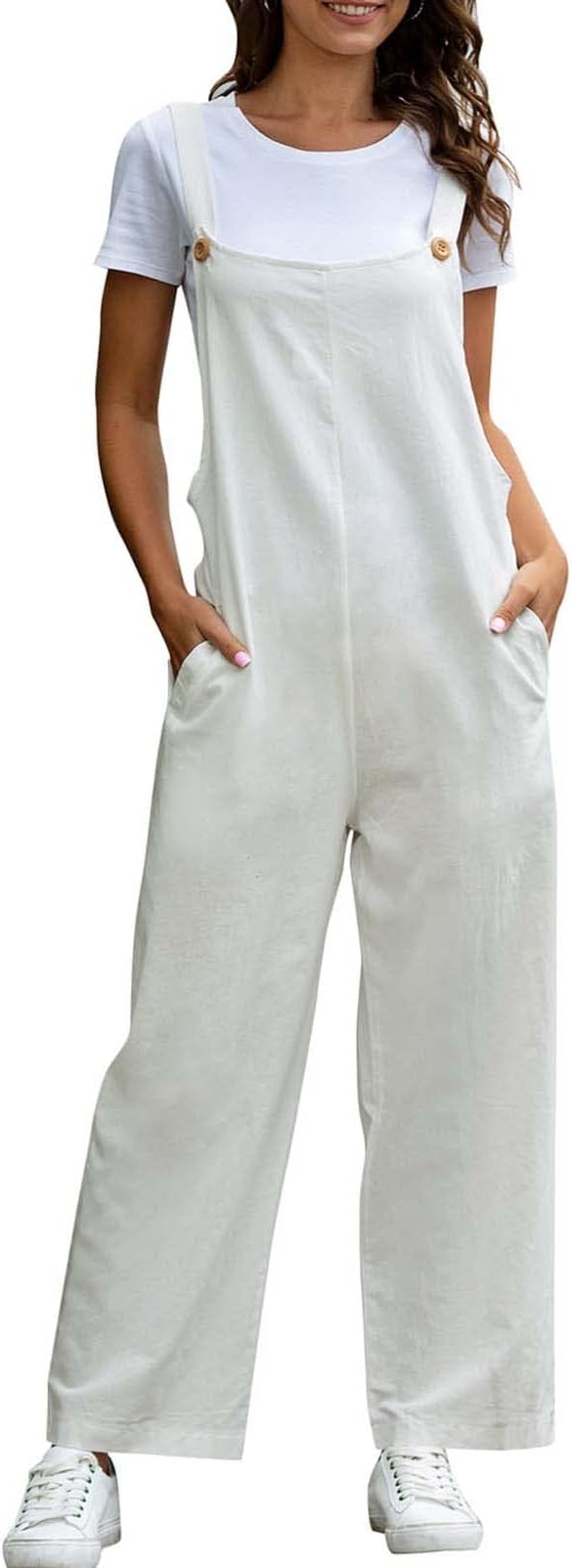 ZFUNKQWomens Sleeveless Jumpsuits Casual Loose Wide Leg Long Bib Pants Baggy Stretchy Rompers Overalls with Pockets
