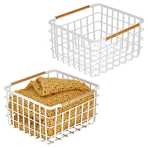 Mdesign Metal Steel Wire Square Organizer Storage Basket W/Bamboo Handles For Closet, Shelves, Holds Linens, Blankets, Slippers, Scarves, Hats, Gloves - Yami Collection - 2 Pack - Matte White/Natural #TOP7