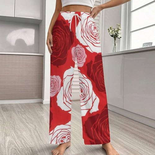 Pajama Pants for Women Men Classic Couple Home PJ Pants Sleepwears Prensents Red Rose Floral2