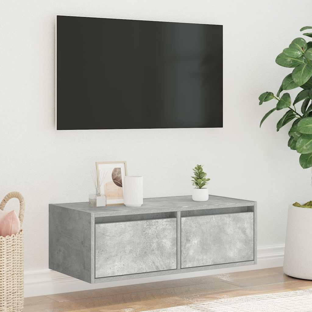 TV meubel met LED verlichting, beton grijs, 75x35, 5x25 cm, wandmontage mogelijk, multimedia kast met lade, slaapkamer of woonkamer meubel, duurzaam houtvezelmateriaal, RGB DVD en boeken