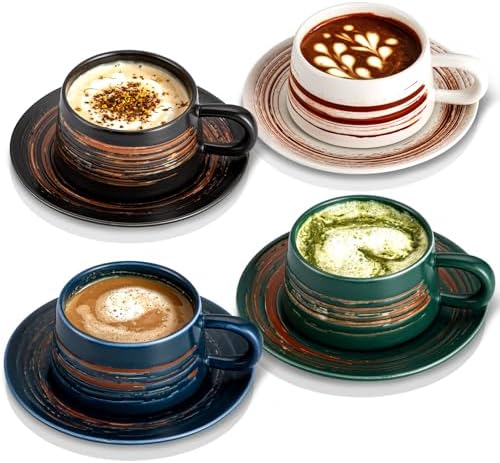 YUN TAO Cappuccino Tassen Set 4er, 236 ml, Kaffeetassen mit Untertassen für Zuhause, Frühstück, Café, Gastronomie, spülmaschinenfest