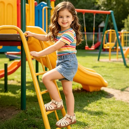 Image of Toddler Girl Sandals with Flower, Breathable Leather kids Closed Toe Sandals, Soft Rubber Non-Slip Summer Shoes for Little Girls 2-7 Years