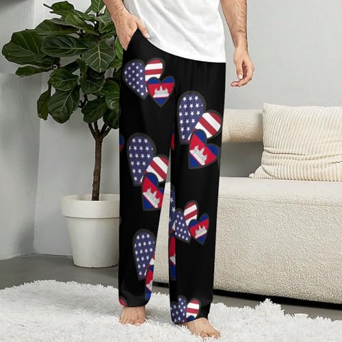 Interlocking Hearts U.S.A. Cambodia Flag Womens Mens Pajama Pants Lounge Sleep PJ Bottoms with Pockets3
