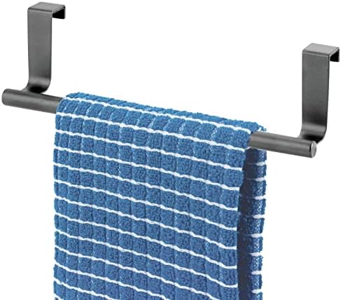 mDesign Metal Over Kitchen Cabinet Door Towel Bar Holder for Hand, Dish, and Tea Towel Rack - Over The Door Towel Bar - Hang Inside or Outside Doors - Kitchen Organizer - Omni Collection - Graphite