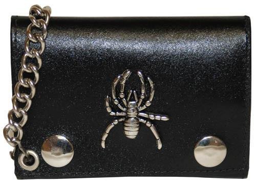 Genuine Leather Trifold Biker Chain ID Card Holder Wallet Spider Logo