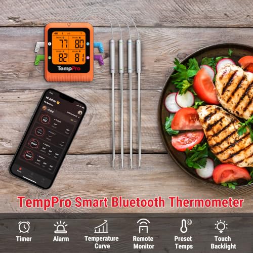 Image of TempPro 650 ft Bluetooth Meat Thermometer with 4 Color-Coded Probes, Wireless Meat Thermometer Digital Wireless with Timer, Commercial Cooking Tools & Utensils Rechargeable for Smoker Oven