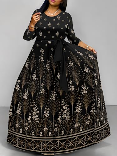Image of PinkPatty Women's Long Sleeve Maxi Dress Plus Size Trendy Wedding Guest Dress with Pockets&Belt
