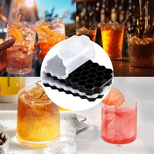 Image of BIDFUL [3 Pack] Silicone Ice Cube Trays for Freezer with Lid - 37 Grid Black Ice Cube Mold, Easy-Release Flexible Ice Trays, Reusable Stackable Ice Tray for Iced Coffee, Juice & Drinks