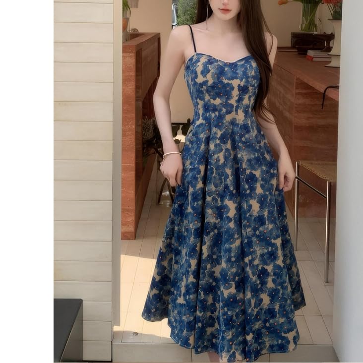Luxury Strap Skirt Long Dress for Women Elegant Style Floral Pattern High Waist Sleeveless4