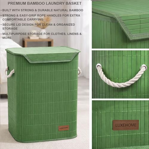 Image of Luxe Home Laundry Basket for Clothes, Premium Bamboo Big Storage Bag with Lid and Side Handle Multipurpose Used In Laundry Rooms, Bedrooms, Bathrooms (40x30x50 cm, Green)