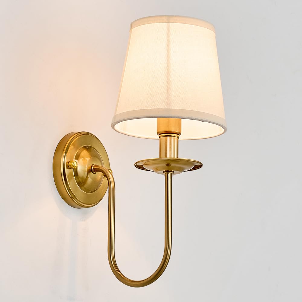 Photo 1 of Ahaloye Gold Wall Sconce Gold Vintage Wall Lamp Hardwired Mid-Century Wall Lighting Wall Mount Fixture for Bedside,Bedroom, Living Room, Powder Room,White Fabric Shade