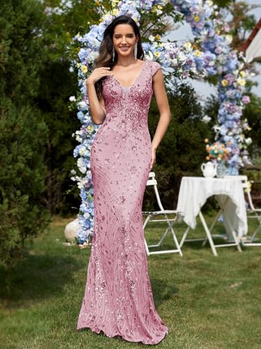 Image of Womens Sequined Long Evening Gown Glamous Sleeveless V-Neck Mermaid Prom Dress for Wedding Party Club Occasions