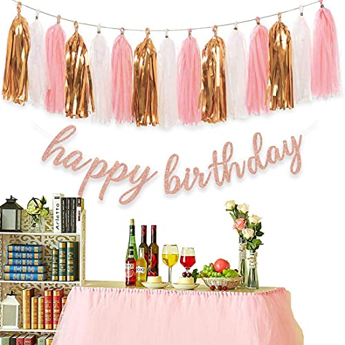 Aonor Rose Gold Birthday Party Decorations - Glittery Rose Gold Happy Birthday Banner And Tissue Paper Tassels Garland For Birthday Decorations #TOP3