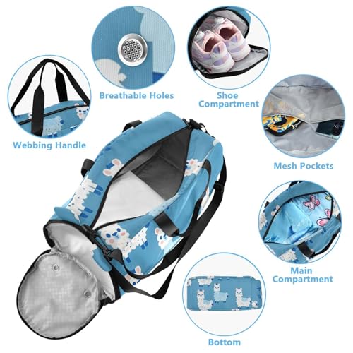 Duffle Bag Kids Gym Bag with Shoes Compartment & Wet Separation Overnight Travel Duffel Bag Alpaca Blue Background for Girl Boy4