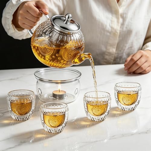 Image of Amzcku 50OZ /1500ml Vintage Glass Teapot Set with 4 Cups, Teapot Set with Removable Infuser Stovetop Safe, Borosilicate Glass Tea Kettle for Blooming & Loose Leaf Tea