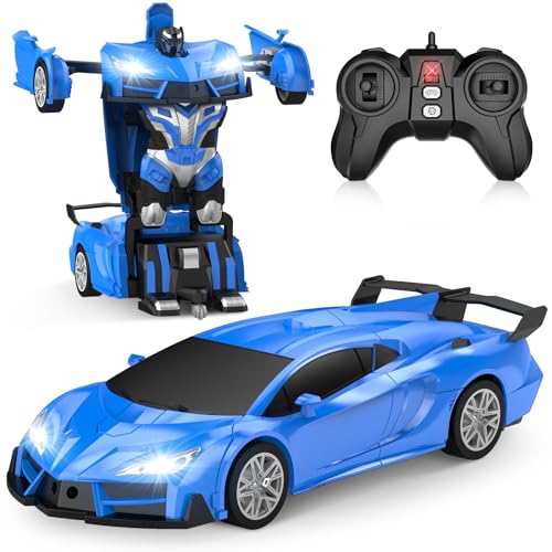 Qumcou Remote Control Car?Transform Robot RC Cars with Cool LED Headlights, 2.4Ghz Toys Car with 360 Degree Rotation and One-Button Deformation, Christmas Birthday Gifts for Boys Girls(Blue)
