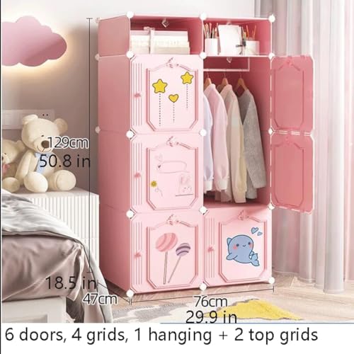 Image of Plastic Wardrobe for Kids, Baby Cupboard for Storage, 6 Cubes Almirah, Cupboard for Clothes, Collapsible Wardrobe for Baby Clothes /Toy /Book for Kids Bedroom (Pink-HA1)