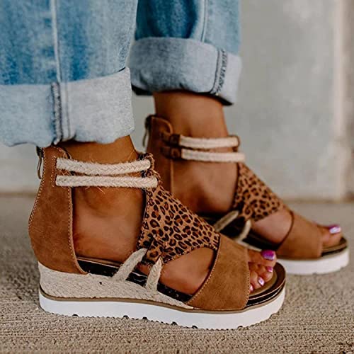 Sandalias de mujer Sandalias de tacón de cuña Sandalias de plataforma Sandalias abiertas al tobillo Sandalias con cremallera Casual Sandalias planas de paja con punta abierta (Size:42 EU,Color:marrón) Cover