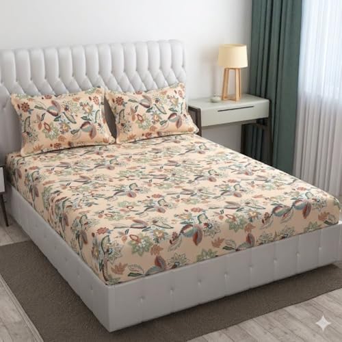 Image of Cotton Bolls Textiles Glace Cotton Flat Bedsheet 90x90 Inch with 2 Pillow Covers - Soft Breathable Glace Cotton, Printed Bedding Set for Double Bed
