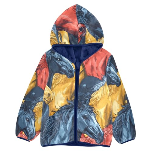 Colorful Horses Pattern Print Toddler Fleece Jacket Girl Boys Hooded Fleece Jacket Coat Warm Outwear Zip-up 3-10T