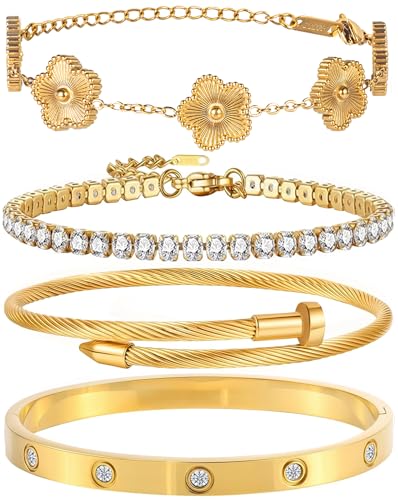 GIVCHO 18K Gold Plated Nail Love Bangle Bracelet Set for Women Stackable Floral Clover Adjustable Tennis Bracelet Non Tarnish Gift Jewelry for Christmas Valentines Birthday Mother's Day (Gold)